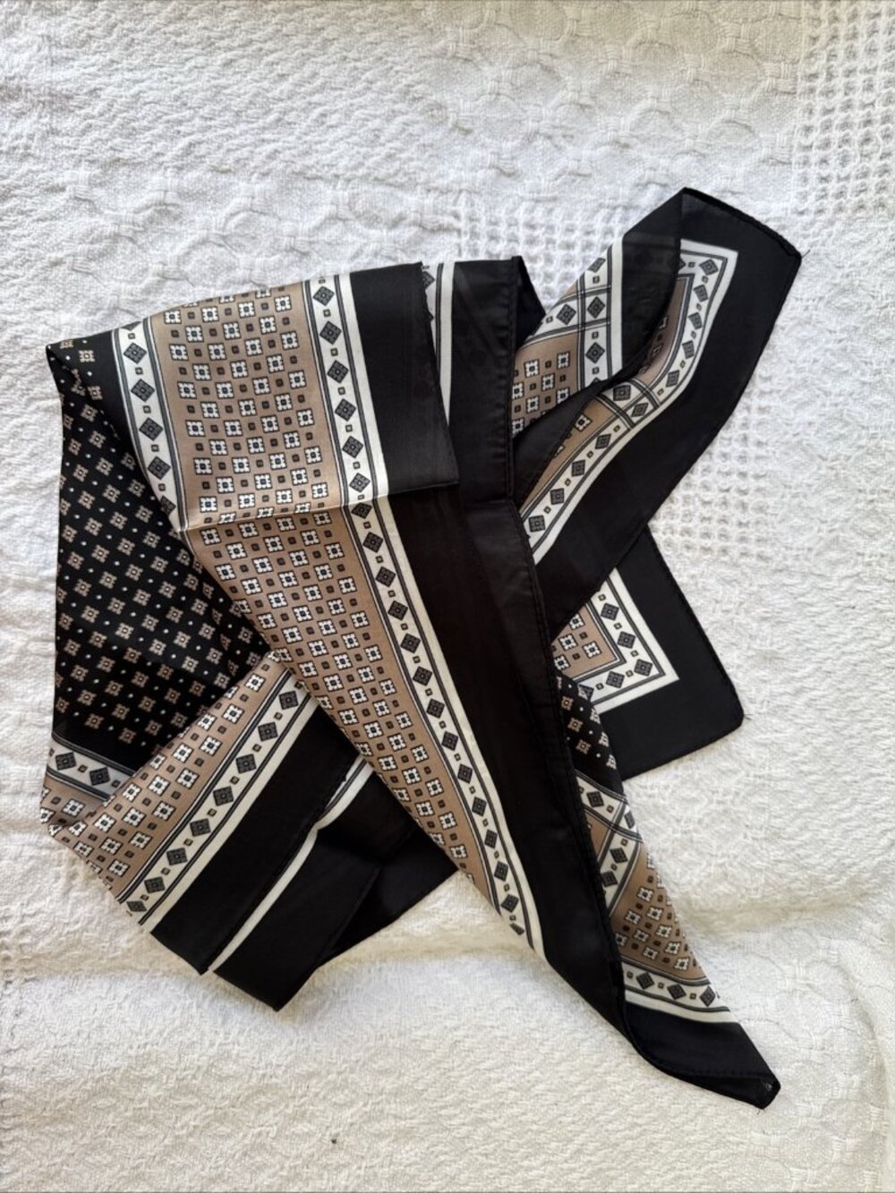 Elan 36” Square Scarf Geometric Silky Handkerchief Black Brown Cream NEW - Picture 2 of 12